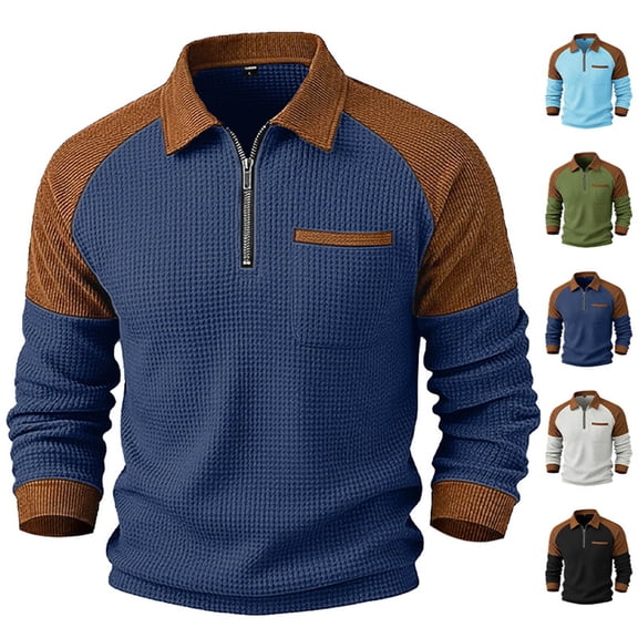 Aimik Polo Shirts for Men Long Sleeve Quarter Zip Color Block Shoulder Casual Waffle Knit Tops Fall Winter Textured Collared Shirt