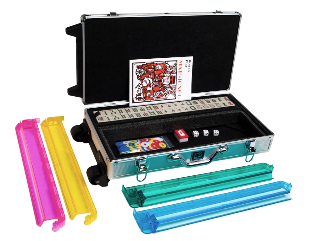 White Swan American Mahjong Set in Wheeled Silver Case - Ivory Tiles - Modern Pushers