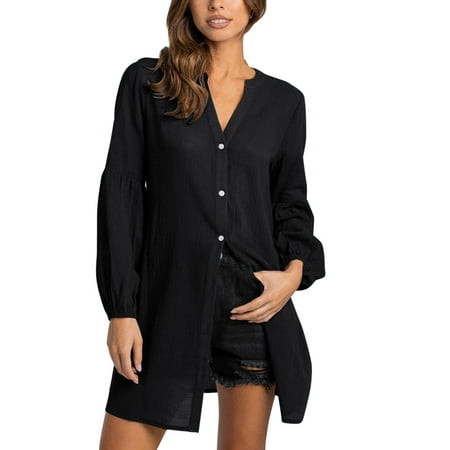 

Fsqjgq Short Sleeve Scrub Jackets Womens Solid Color Long Sleeve V Neck Button Tops Casual Blouses Long Fit Solid Shirts Tops Swing Tunic Top Polyester Black Xl