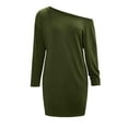 thumbnail image 4 of USSUMA Spring Dresses for Women 2025 Summer Dresses Long Sleeve Solid Color Dress with Pocket Sloping Shoulder Mid-Calf Dress Lounging Skirts Comfortable Skirts Daily Wear Green Dress Size-XL, 4 of 5