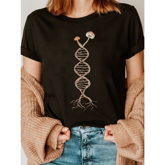 Women's "Pick Mushrooms is in My DNA" Graphic Cotton T-Shirt - Short Sleeve Crew Neck Casual Top with Fungi Mycology Print, Semi-Sheer All-Season Comfort, Machine Washable, Comfortable Fit