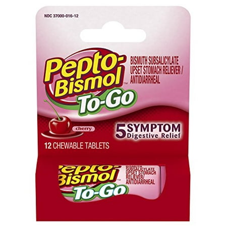 Pepto Bismol To Go 5 Symptom Digestive Relief Medicine, Upset Stomach and Diarrhea Relief, Cherry Flavor, 12 Chewable Tablets (Packaging May