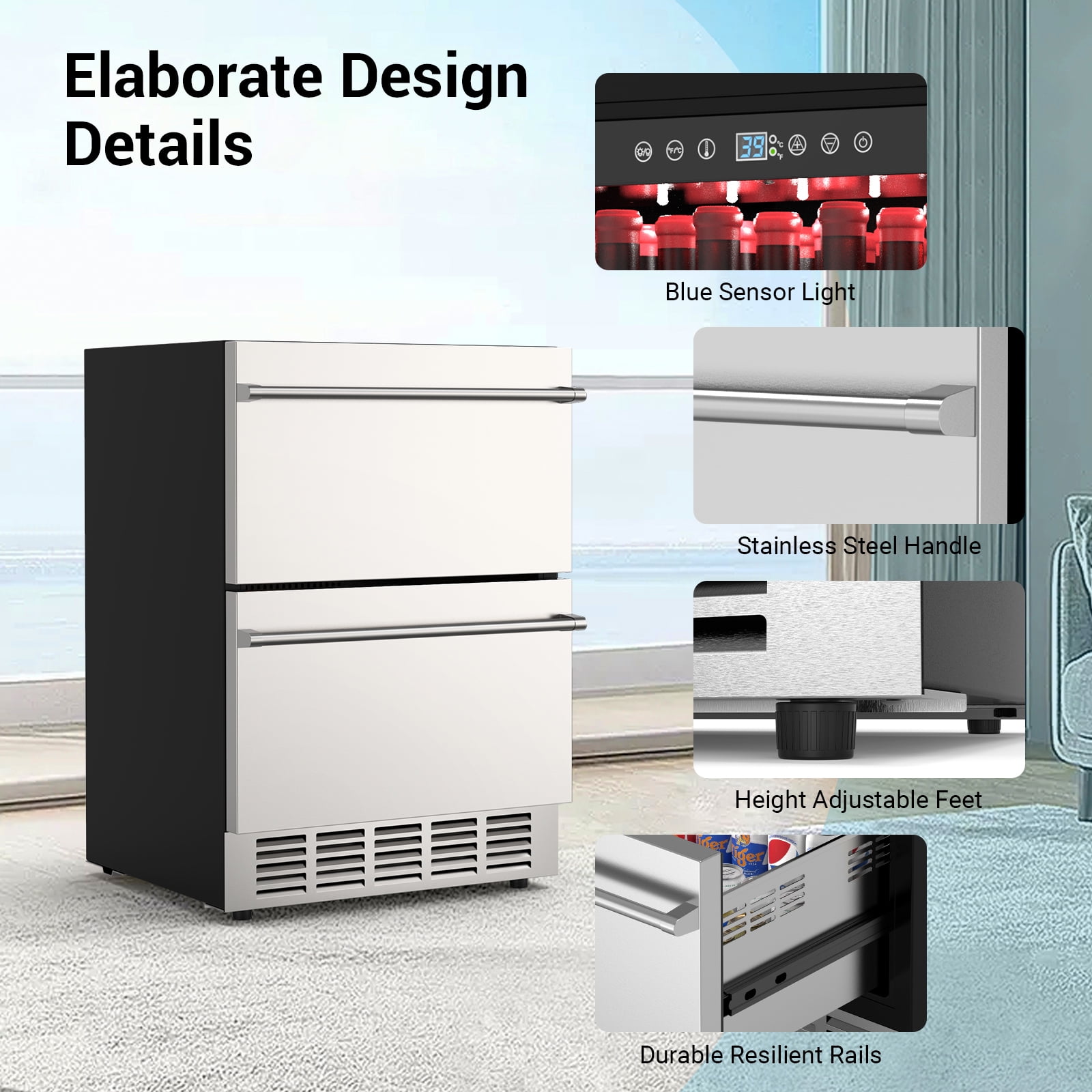 Joreek 24 Inch Under Counter Double Drawer Fridge Two Drawer Refrigerator Indoor Beverage Refrigerator, Stainless Steel Beverage Fridge for Home & Commercial Use (Foam Door)