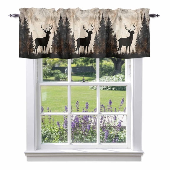 Vintage Forest Deer Kitchen Curtain Valances for Windows Farmhouse Short Curtains, Rustic Country Wildlife Woodland Rod Pocket Valance Curtain for Bedroom Cafe Living Room 42"x12"