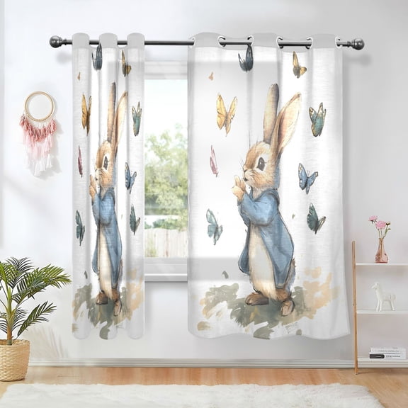Yayeee Window Curtains Light Filtering 63"x42" Grommet Panel Pair Home Living Room Decor, Rabbit Butterflies