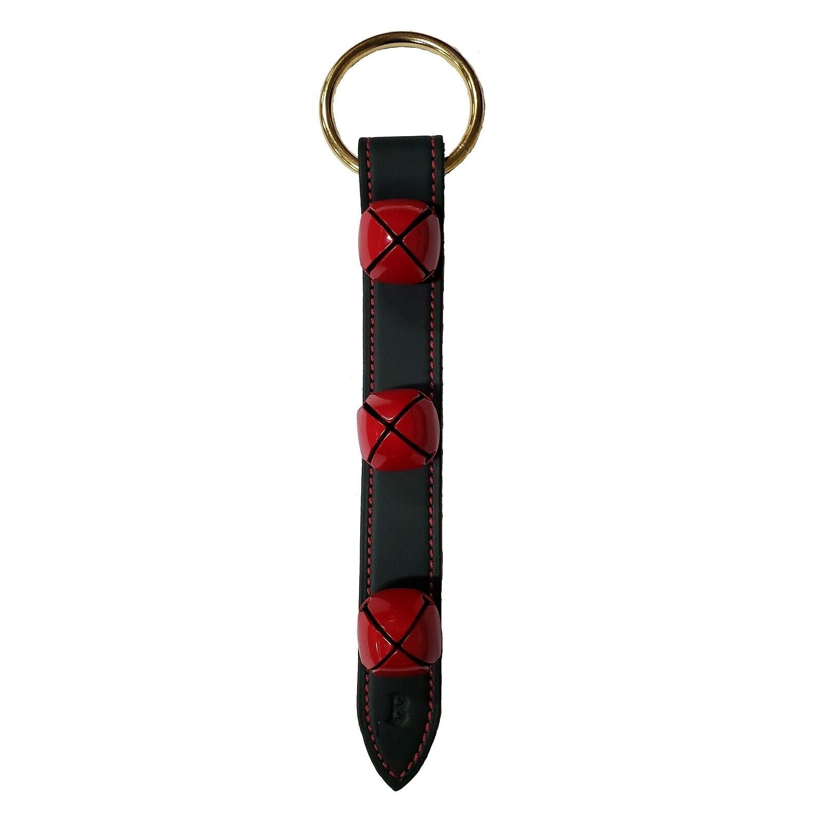Green Leather Strap with 3 Red Bells Sleigh Bell Door Hanger 12 Inch Made in USA