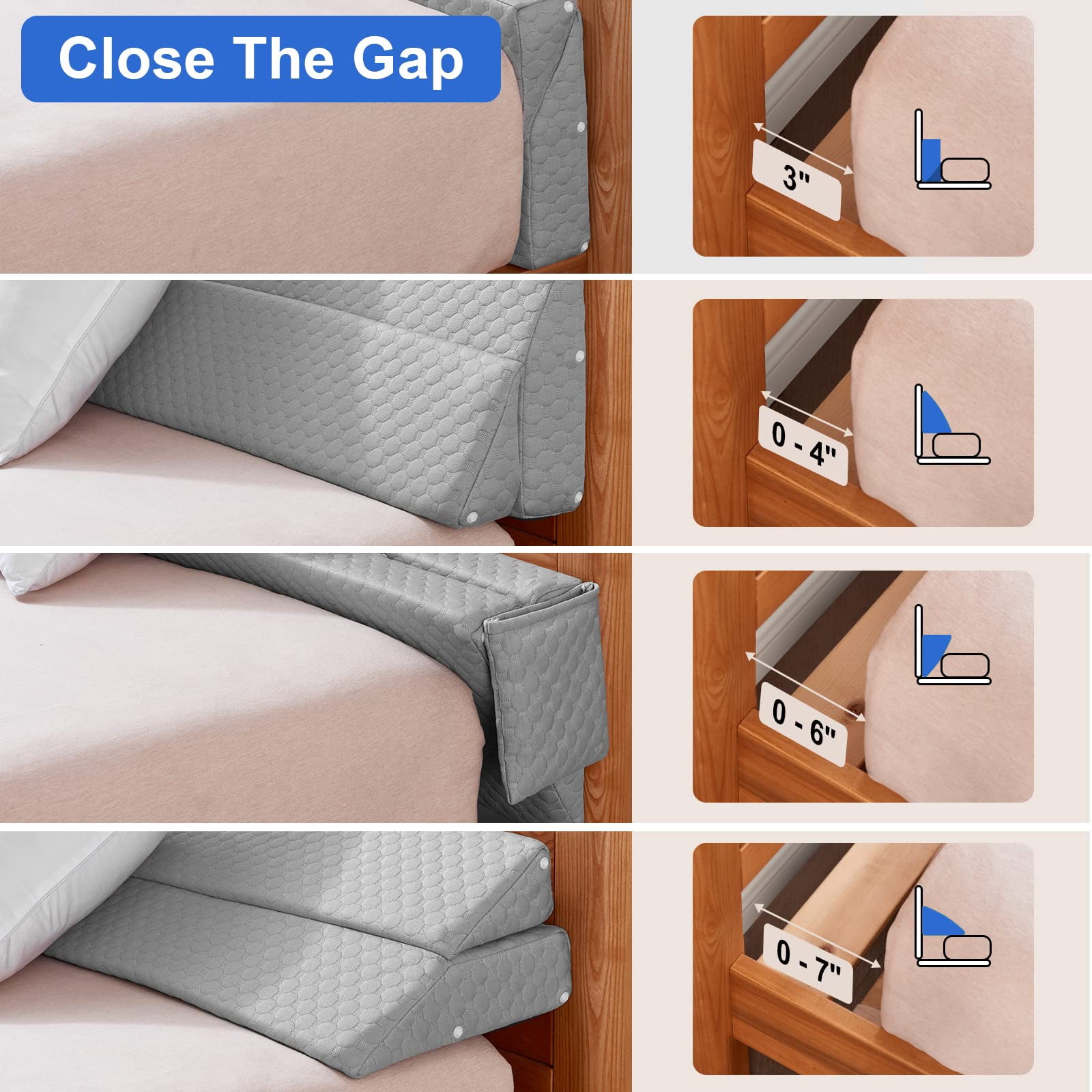 Twin Size Bed Wedge Pillow - Gap Filler Mattress Headboard Fill The (0-7") Between And For Sleeping Backrest (39"x10"x6" Grey)