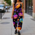 thumbnail image 4 of JULMCOMO Cotton Linen Jumpsuits for Women Plus Size Halloween Spider Web Pumpkin Bat Printed Spaghetti Strap Jumpsuits Costume Holiday Overalls Sky Blue L, 4 of 5