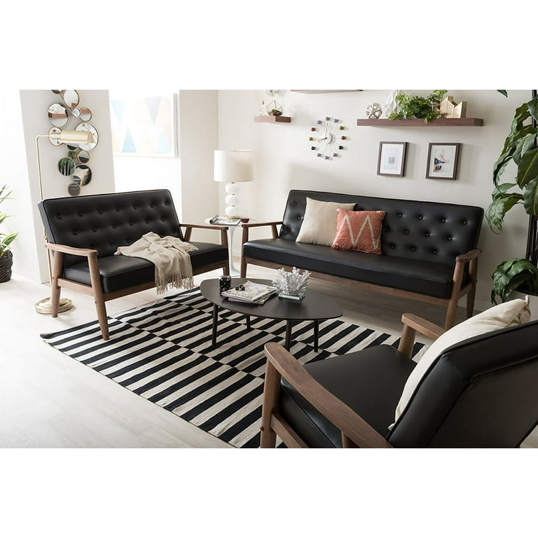 Baxton Studio Sorrento Mid-century Retro Modern Black Faux Leather Upholstered Wooden 3 Piece Living room Set Baxton Studio Sorrento Mid-century Retro Modern Black Faux Leather Upholstered Wooden 3 Piece Living room Set