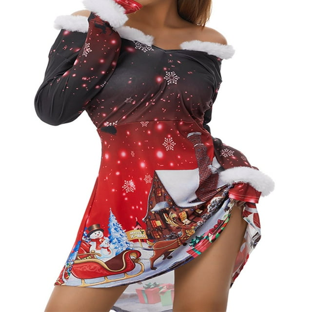 PENGXIANG Femmes Robe de Noël en Peluche à Manches Longues Partie VNeck Robe Midi Décontractée