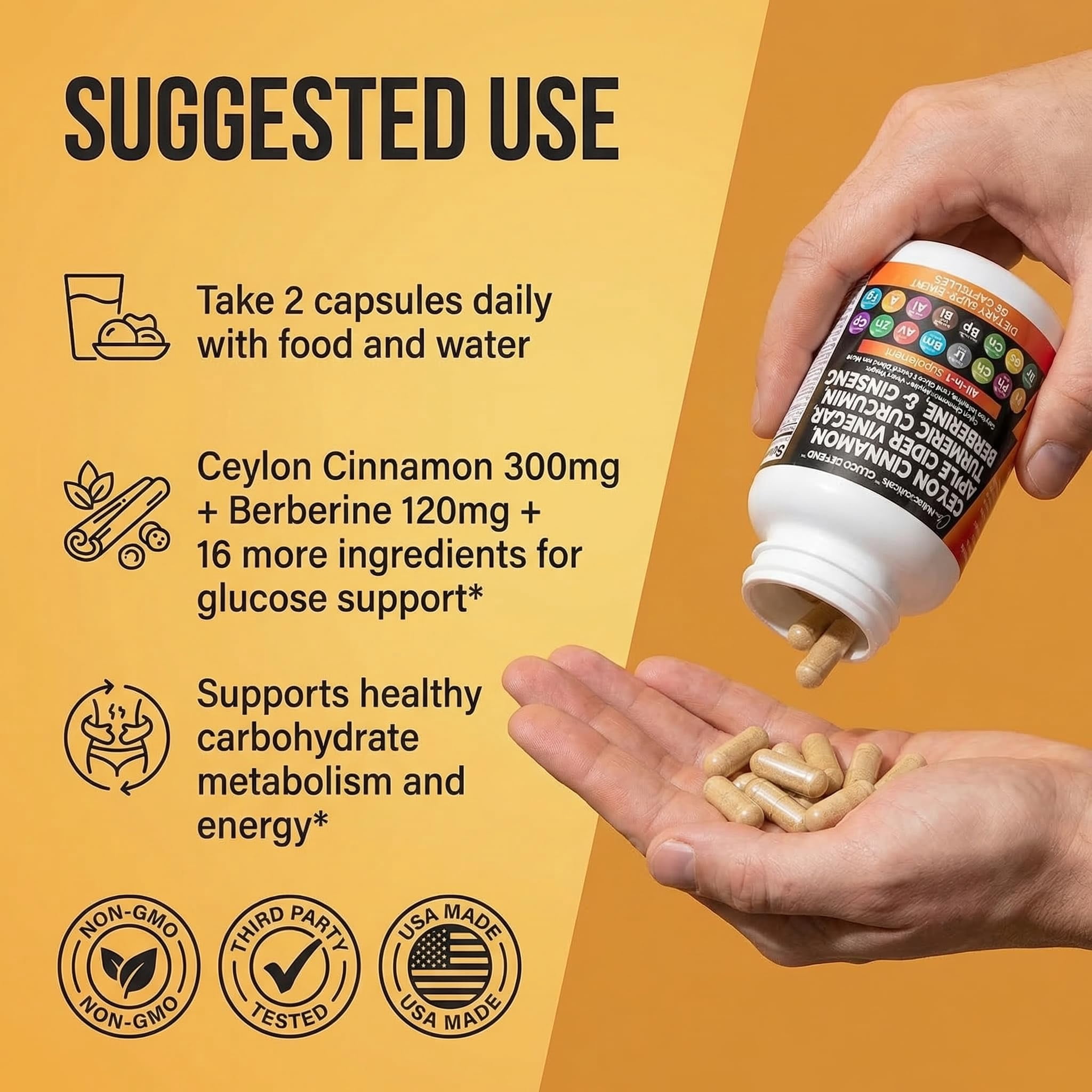 Clean Nutraceuticals Ceylon Cinnamon Capsules + Berberine Turmeric Apple Cider Vinegar Ginseng Bitter Melon Gymnema Milk Thistle Fenugreek Supplement Pills Powder for Men & Women