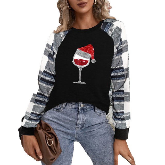 Sudadera de Manga Larga Suelta Cuello Redondo Estampado a Cuadros Costuras de Color Patrón navideño Jersey Informal para Otoño Invierno Rojo XL