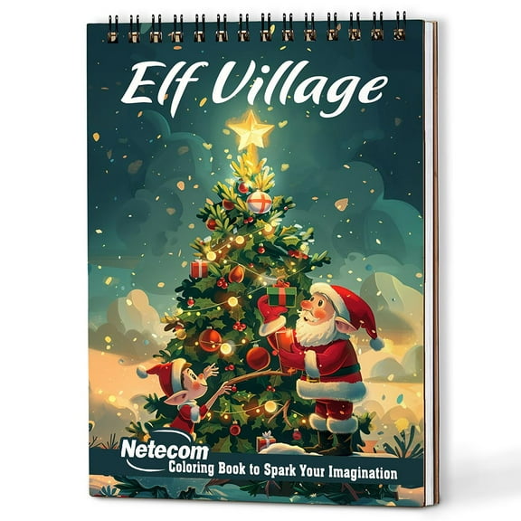 Netecom Elf Village Coloring Book Spiral Bound for Adults, A5 Wooden Cover, 30 Adorable and Whimsical Elves Coloring Pages in Christmas Day for Stress Relief and Relaxation