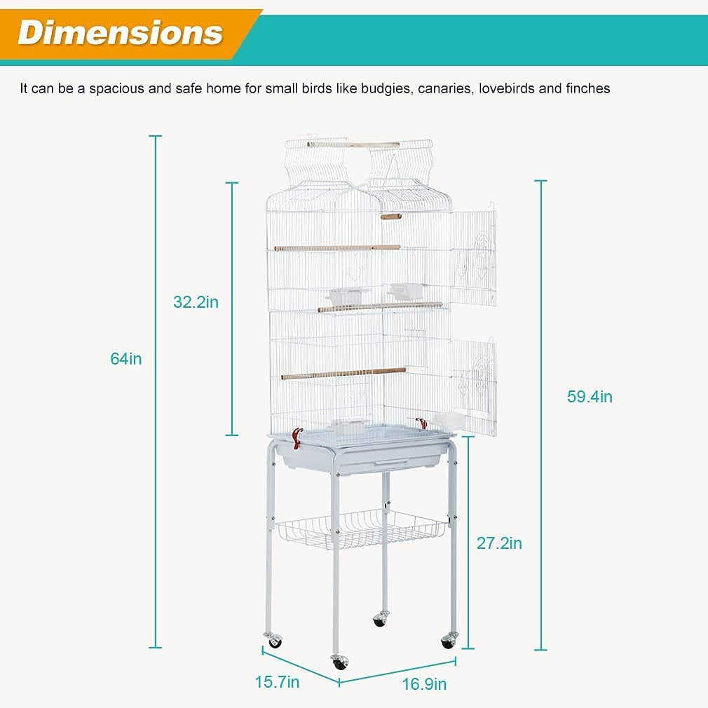 NiamVelo 64-inch Metal Bird Cage with Rolling Stand & Bottom Tray, Pet Storage Shelf Parrot Cage with Open Play Top for Lovebirds & Parakeets, White