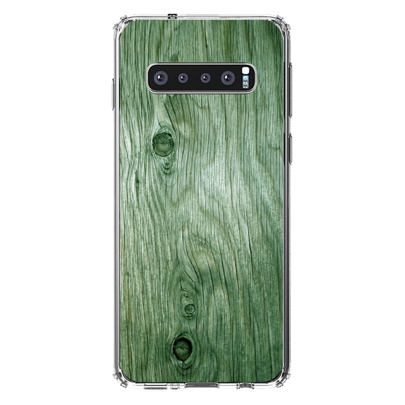 DistinctInk Clear Shockproof Hybrid Case for Samsung Galaxy S10 (6.1" Screen) - TPU Bumper, Acrylic Back, Tempered Glass Screen Protector - Green Weathered Wood Grain Print - Printed Wood Grain Image