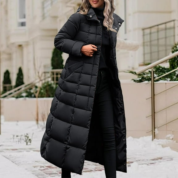 Qetyuw Womens Long Puffer Jacket Winter Full Zip Up Chunky Hooded Down Coat Quilted Long Sleeve Casual Coats
