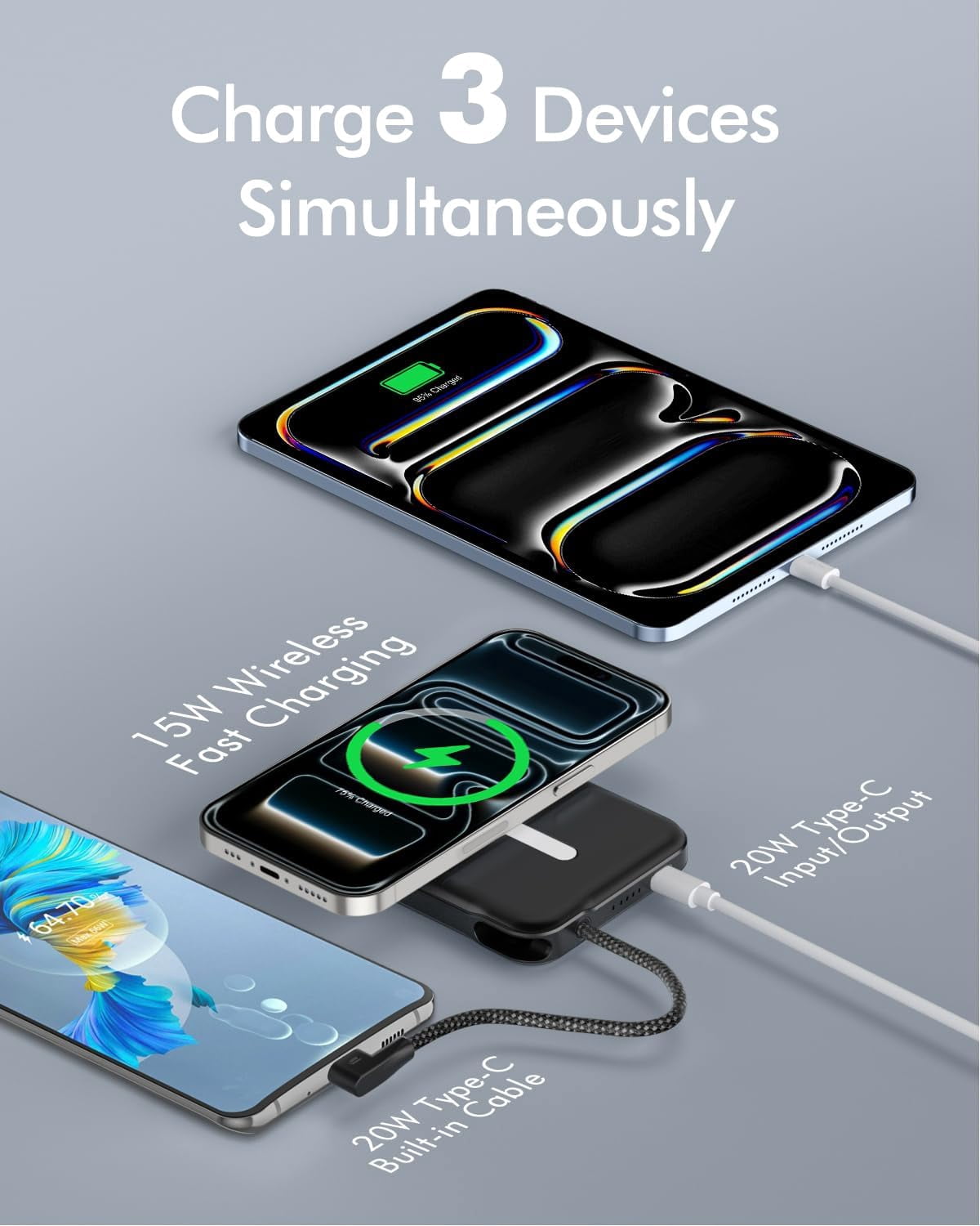 for Magsafe Battery Pack, 5000mAh Magnetic with Built-in USB-C Cable, Wireless Portable Charger with 20W PD Fast Charging for iPhone 17/16/15/14/13/12 All Series-Black