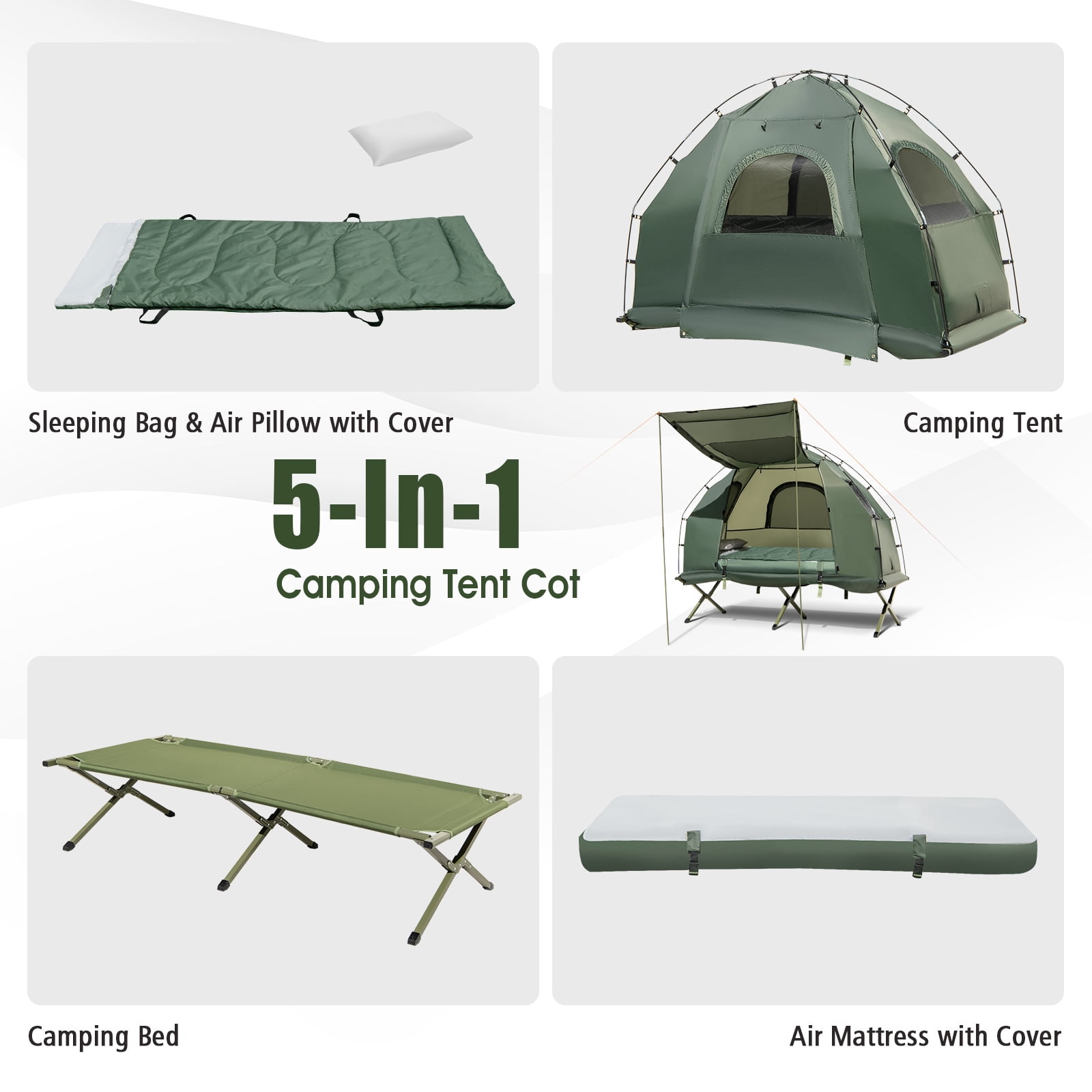 Patiojoy 1-Person Folding Camping Tent Cot Portable Pop-Up Tent w/Sleeping Bag & Air Mattress for Outdoor