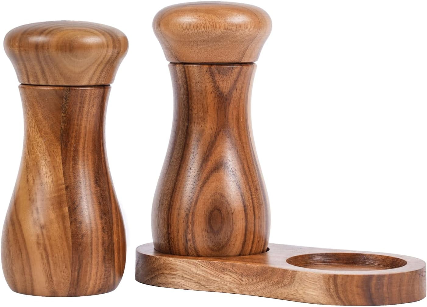 Salt and Pepper Grinder Set with Mill Tray, Set of 2 Salt and Pepper Mill with Ceramic Grinder Acacia Wood, Height 13 cm / 5 inch, Dia 6 cm