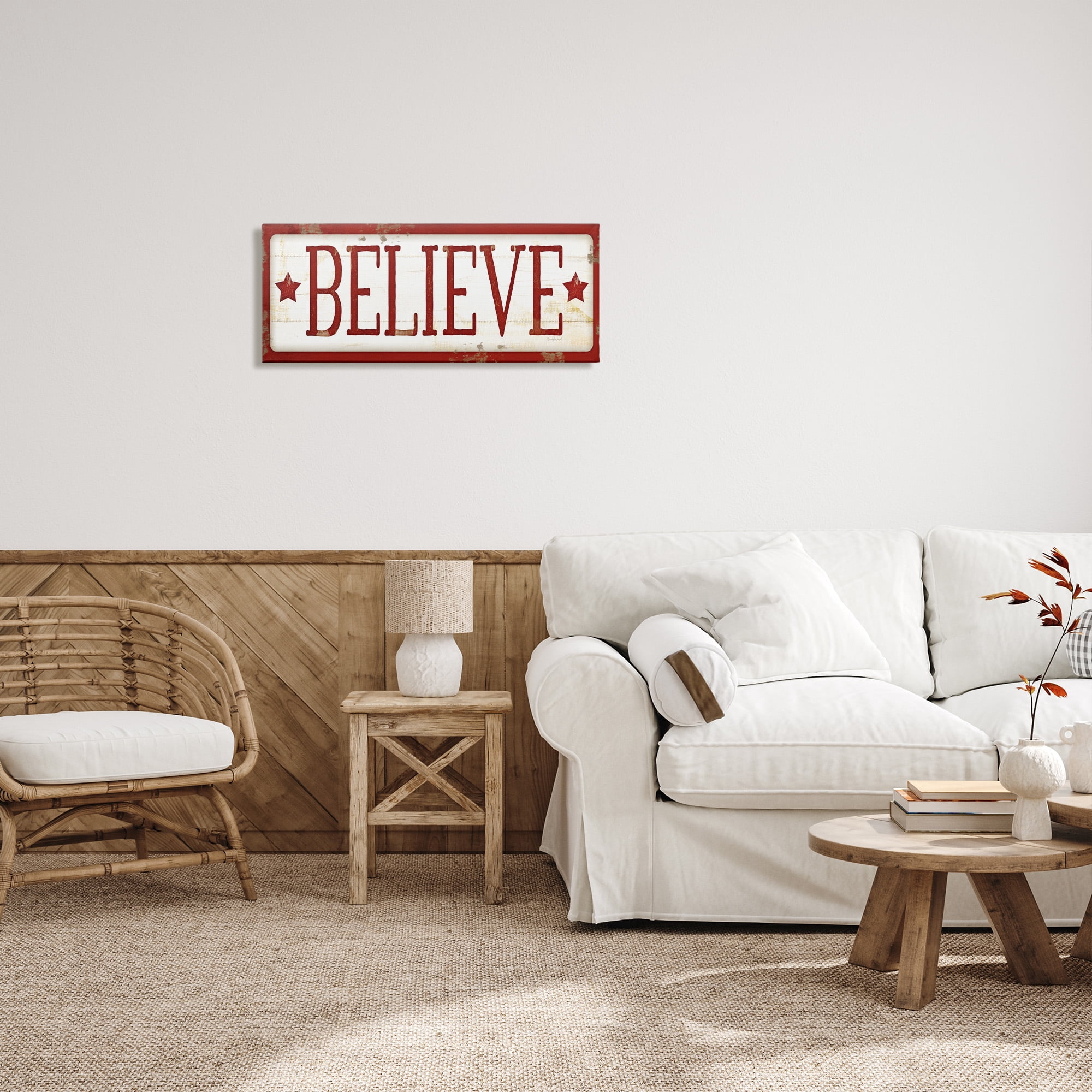 Stupell Industries Believe Red Christmas Phrase Holiday Painting Gallery Wrapped Canvas Art Print Wall Art, 30 x 13