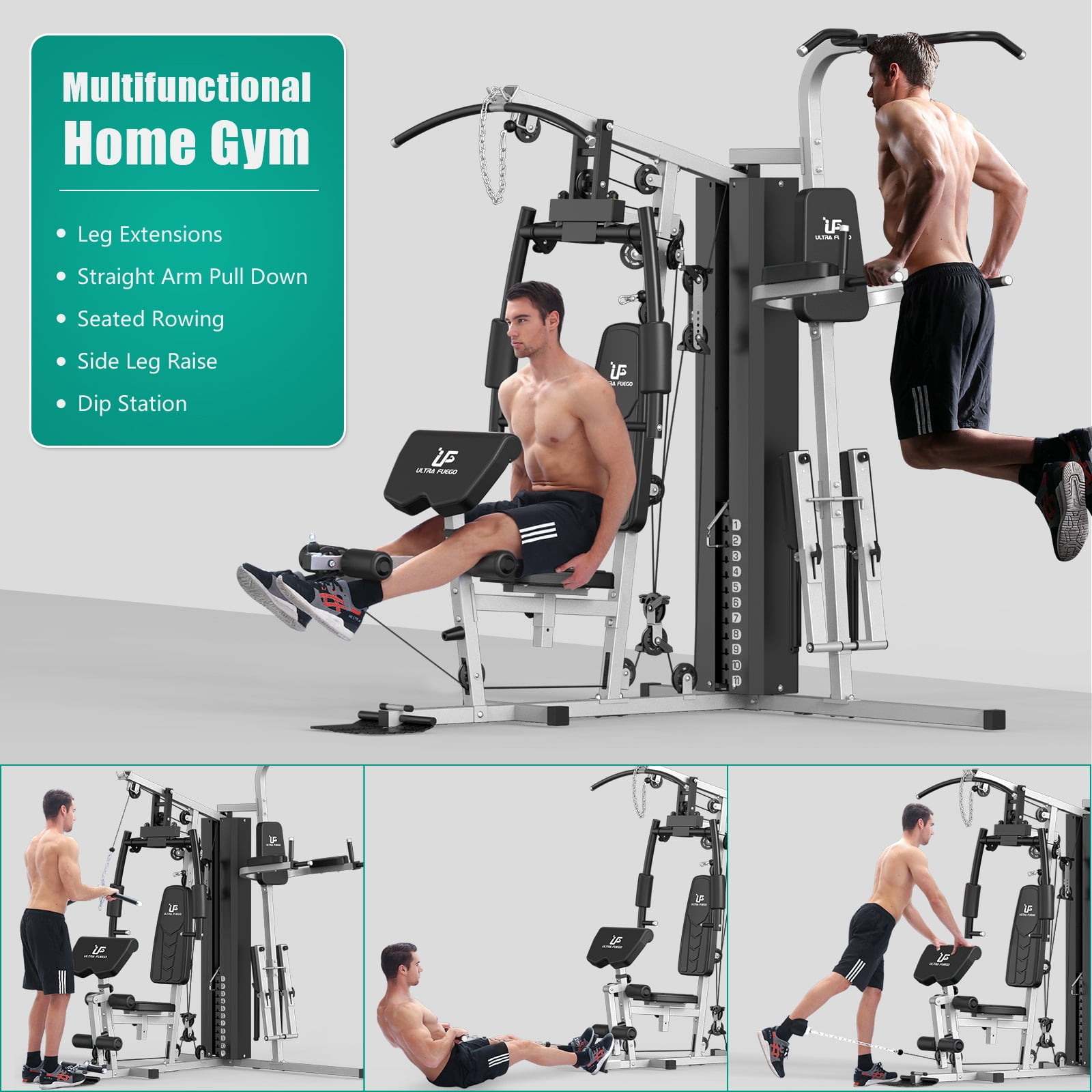 Multifunctional Home Gym 118lb Weight Stack Machine with Pulley System, Arm Press Frame, Leg Developer, Power Tower and Stepper, Dual Station Workout System for Total Body Training