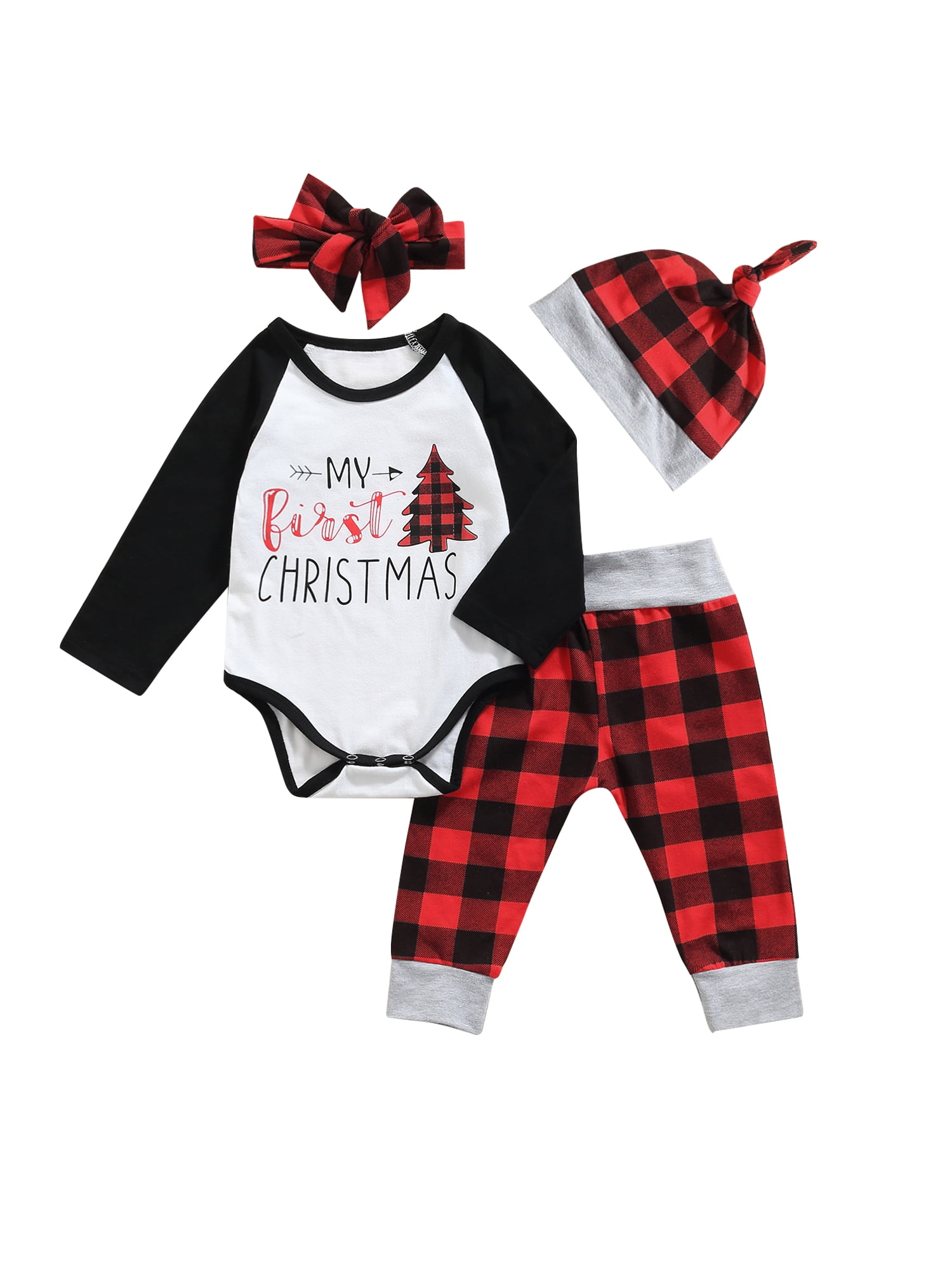 Christmas Baby Boy Outfits Set Newborn Little Man Letter Long Sleeve Romper Bodysuit Long Pant Red Plaid Hat Clothes