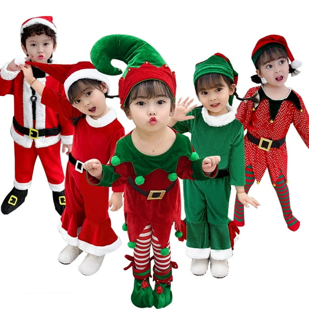 Disfraz de elfo de Año Nuevo 2025 para niña, conjunto de traje de Papá Noel verde con sombrero, conjunto de vestido de fiesta de Navidad elegante para niños, actuación