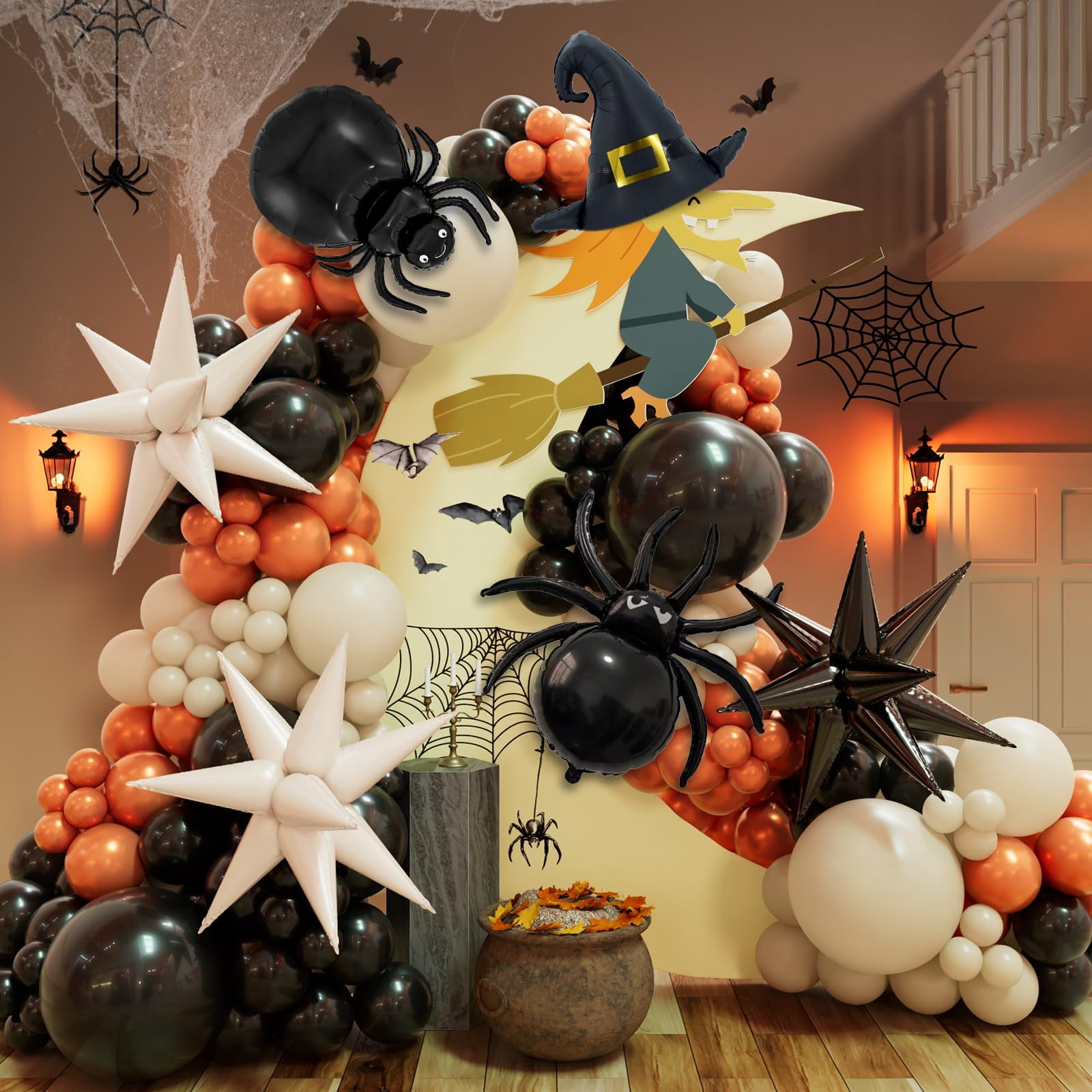 Halloween Balloon Garland Arch Kit with KKS1&nbsp;Spider Witch Hat Shaped Black and Milk White Exploding Star Foil Balloon Black Orange Sand White Balloons for Halloween Birthday Party Decorations