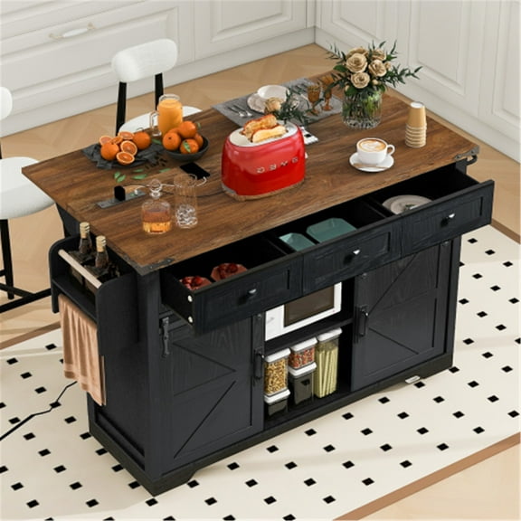 YIYADO 53.7" Black Farmhouse Kitchen Island with Drop Leaf, Power Outlets & Sliding Barn Doors, Rolling Storage Cart with Spice Rack and Drawers for Dining Room