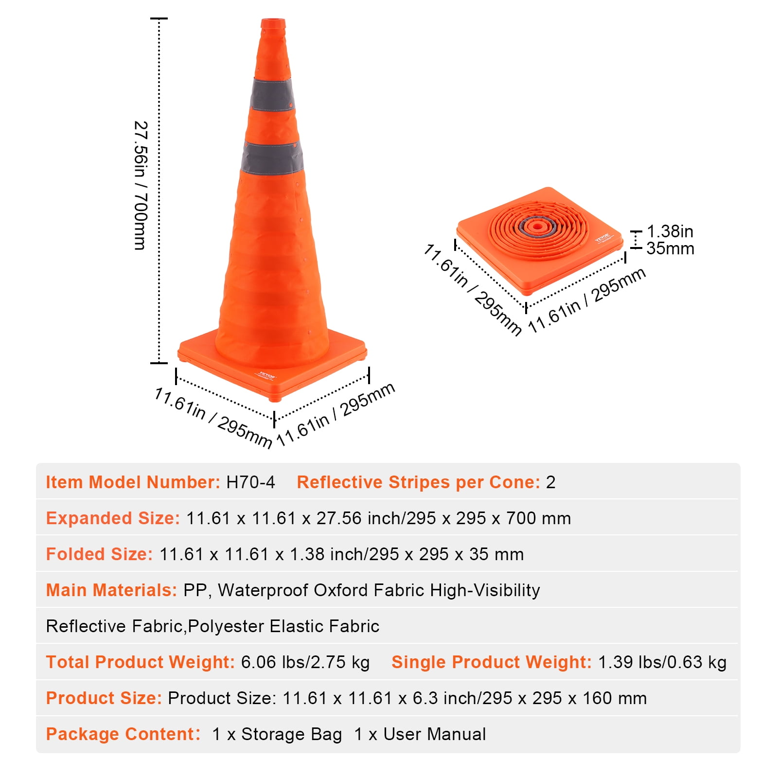 KFFKFF Safety Cones 4 pcs 28" Collapsible Traffic Cones with Reflective Collars for Parking Lot, Road Parking, Driving Practice, Roadside Emergency and Vehicle Safety, Orange, 4 Pack