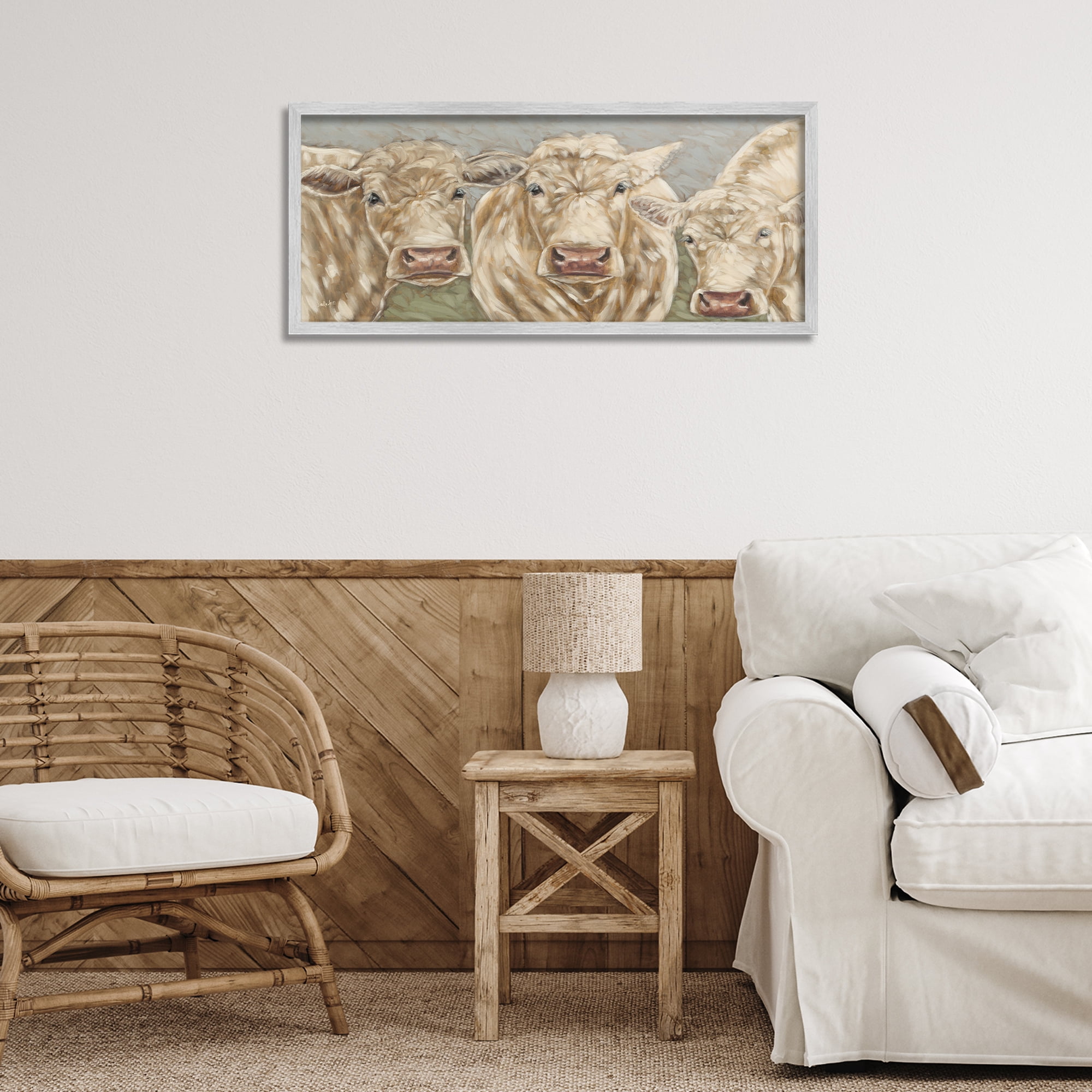 Stupell Industries Beige Cow Trio Animals & Insects Painting Gray Framed Art Print Wall Art, 30 x 13