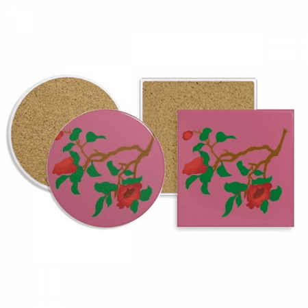 

Painting Red Green Culture Flower Coaster Cup Mug Holder Absorbent Stone Cork Base Set