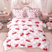 Homewish Cute Cartoon Bowtie 7-Piece Bedding Comforter Set,Sweet Berry King Bedding Sets,Pink Classic Checkered Bed Sheets For Girls Kids,Ultra Soft Home Decor Reversible