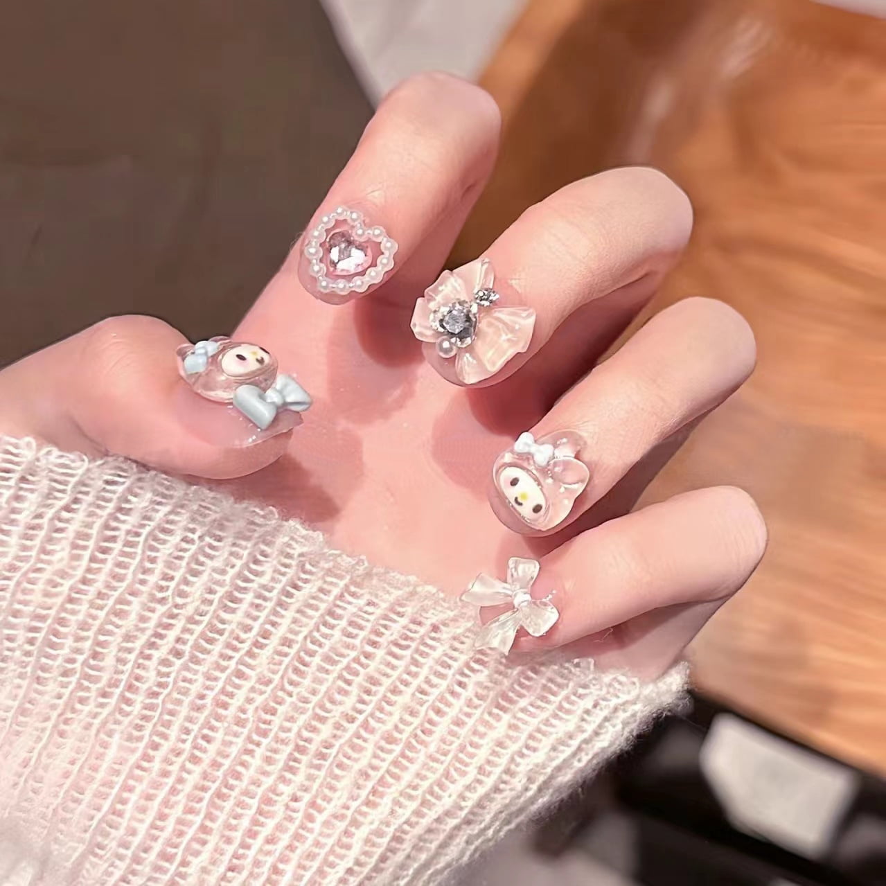Melody hand-worn nail piece cartoon bow diamond nail patch removable short cute pearl love