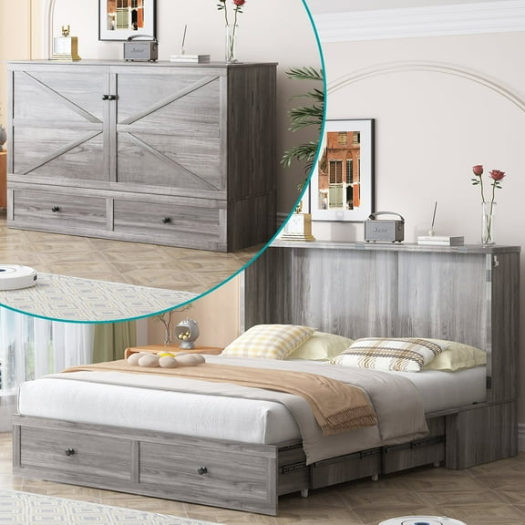 BALUS Queen Size Murphy Bed Queen with Storage and Mattress, Folding Bed with Mattress Included Charging Port, Wood, Gray