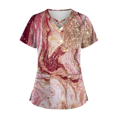 

Clearance!Summer Women Top OTEMRCLOC Plus Size Cute Printed Scrub Working Uniform Tops for Women Cross V-Neck Short Sleeve Fun T-Shirts Workwear Tee with Pockets Pink L