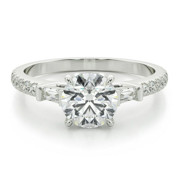 Eloya Jewel 14K White Gold Plated 2.02 Ct Round Cut Moissanite Ring - Three Stone and Solitaire with Accent Engagement Ring for Her - Elegant Proposal Ring - Ideal Gift for Special Occasion