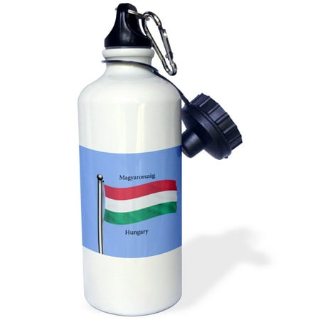 Hungarian Water - 3dRose The flag of Hungary waving on a blue background and Hungary written in both English and Hungarian, Sports Water Bottle, 21oz