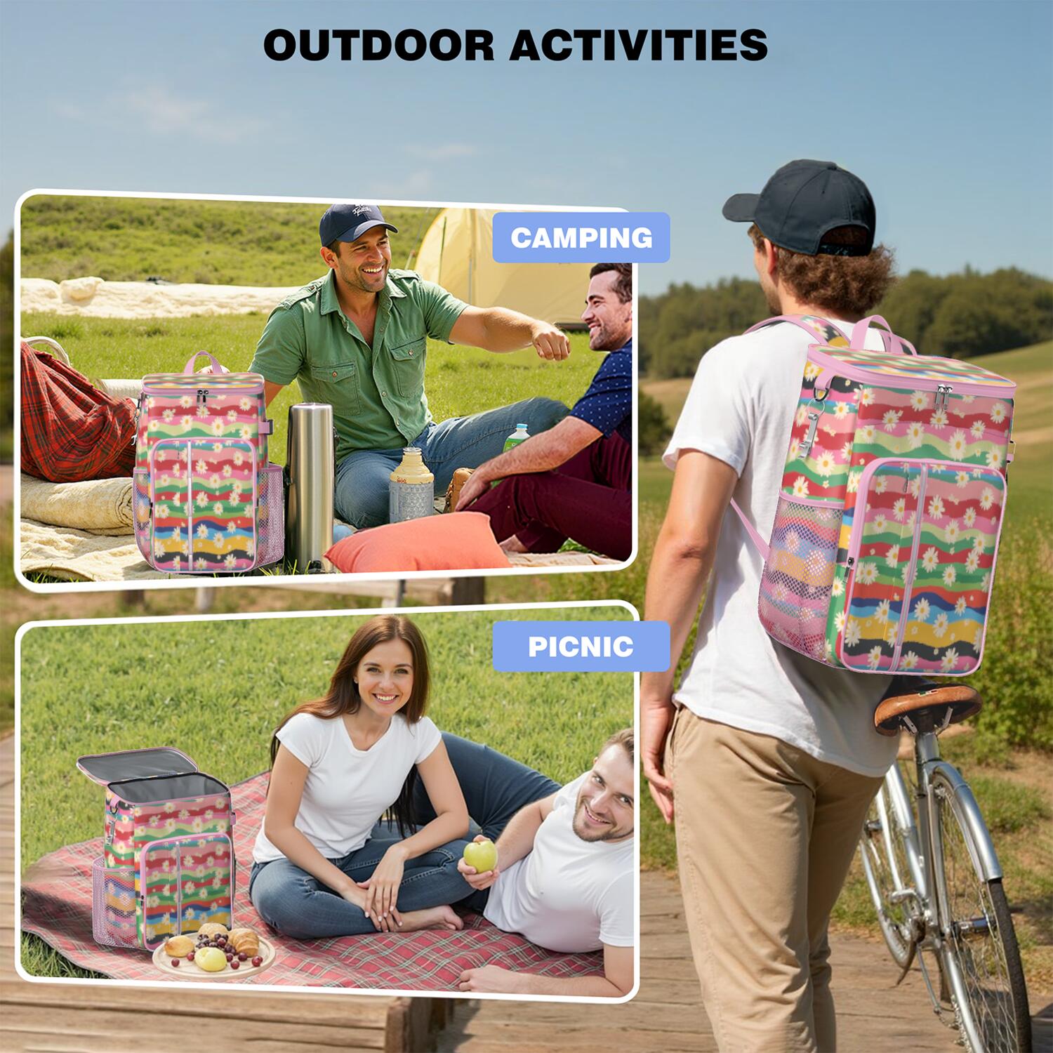 Travel Cooler Bag - Pioneer Flower Camping Beer Cooler Backpack with Bottle Opener- Waterproof Insulated Picnic Backpacks - Cooler Bag for Beach