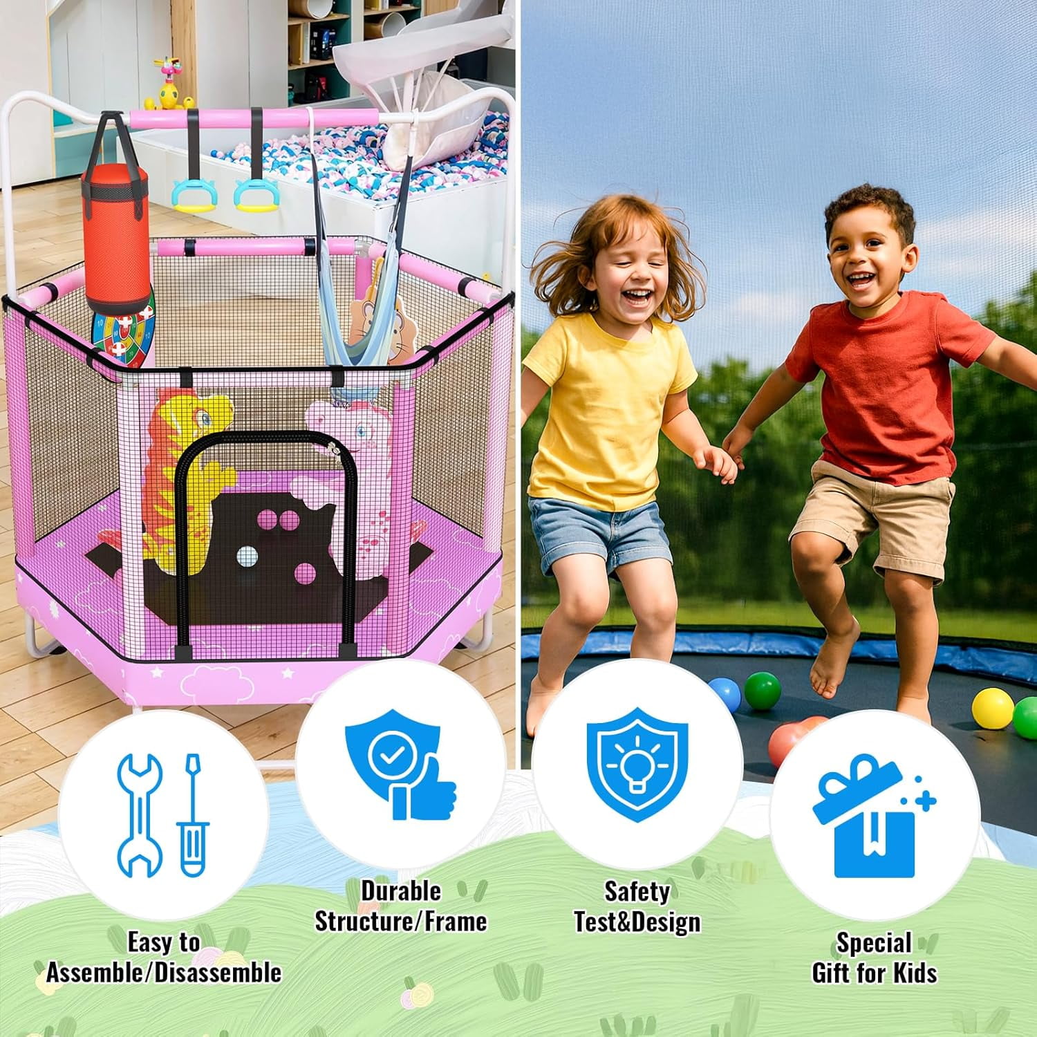 Baxluxe Toddler Trampoline for Kids Ages 3-8, 55in 7-in-1 Upgraded Pink Indoor Trampoline with Net ,500lbs Capacity Safe Trampoline, Mini Trampoline Boys Girls Toys Adjustable Height