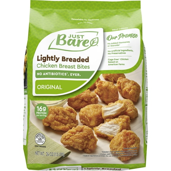 Just Bare Fully Cooked Lightly Breaded Chicken Breast Bites 1.5 lb, 16g of Protein, Serving Size 3 Ounces