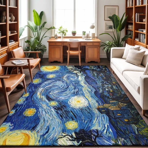 Large Area Rugs 5'x8', Blue Starry Night Carpet Runner Indoor Outdoor Rugs Home Decor Aesthetic, Abstract Star Sky House Tree Oil Painting Non Slip Mats Washable Accent Rug for Living Room Bedroom