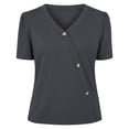 thumbnail image 4 of ZHOGXU Womens Summer T Shirt Short Sleeve V Neck Solid Color Button Details Lightweight Breathable Tee Top For Casual Daily Wear,Grey,L, 4 of 4