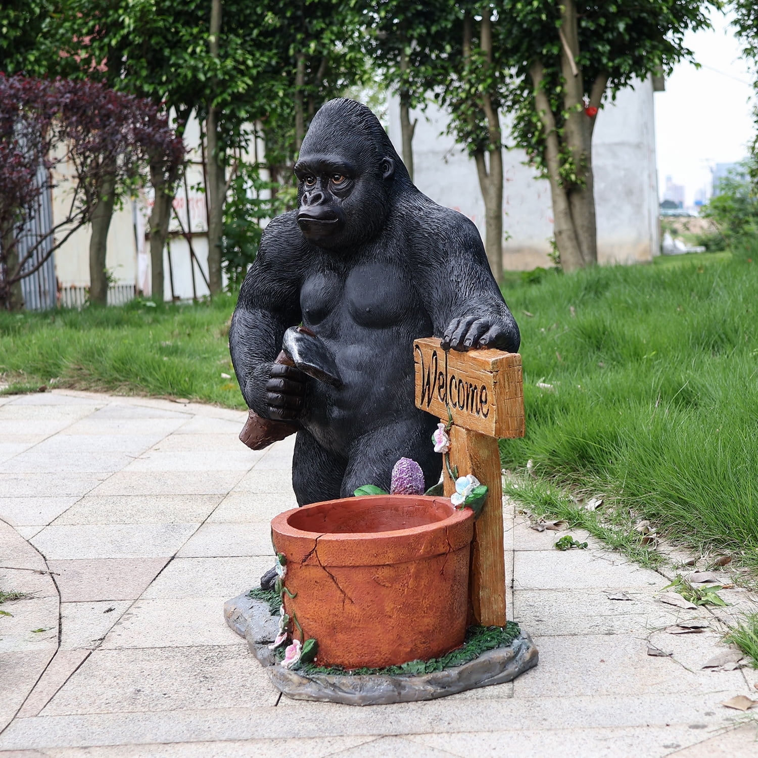 Outdoor Garden Chimpanzee Flower Pot Planter with Welcome Sign, Unique Yard Statue for Patio, Lawn, Garden, Wildlife Themed Decor, Black