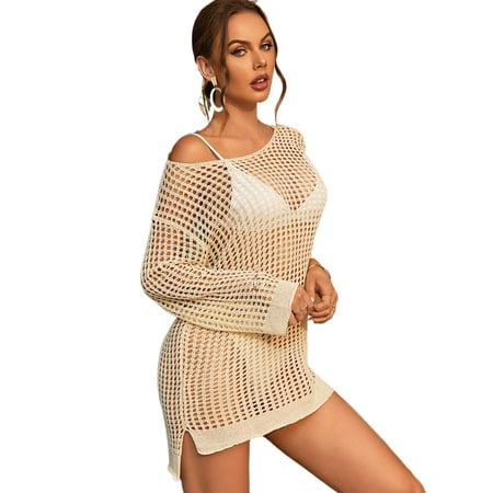 Beautyin Woman Cover up Solid Cutout Bikini Hook Flower Beach Smock Skirt Long Sleeve