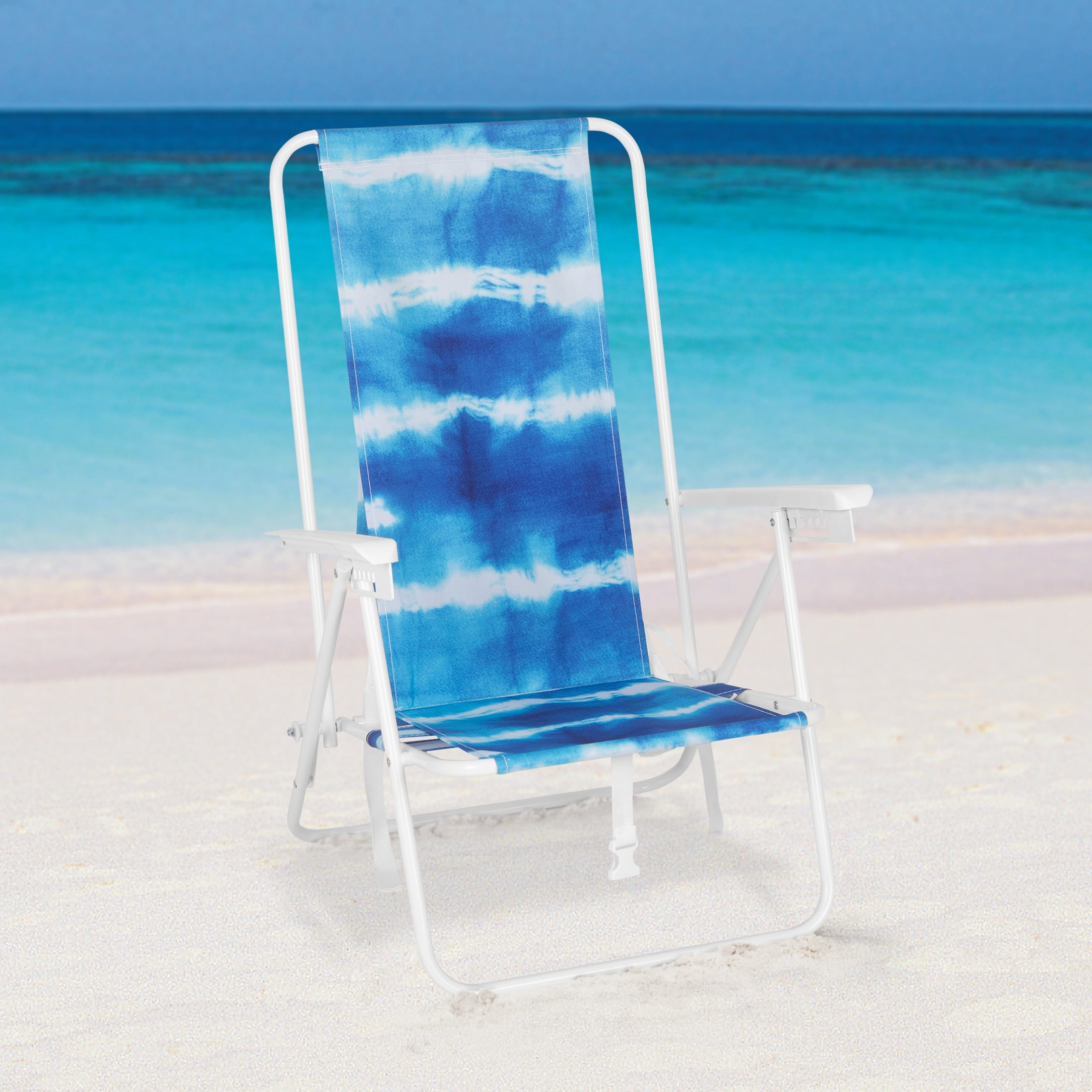 Mainstays Reclining High Back Backpack Beach Chair, Blue Tie Dye