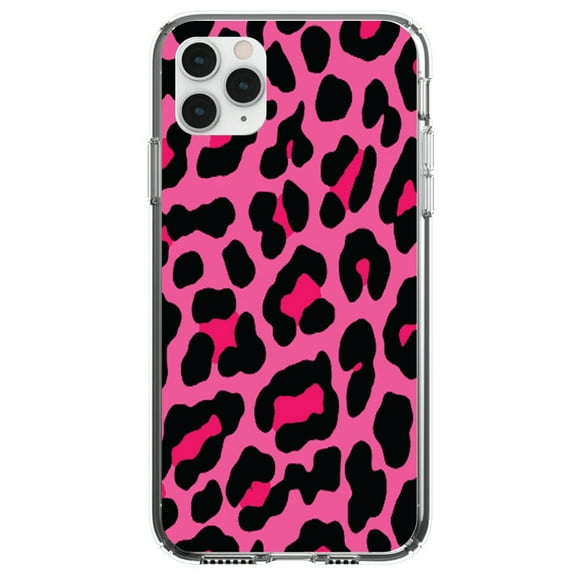 DistinctInk Clear Shockproof Hybrid Case for iPhone 13 PRO (6.1" Screen) - TPU Bumper, Acrylic Back, Tempered Glass Screen Protector - Hot Pink Black Leopard Skin Spots