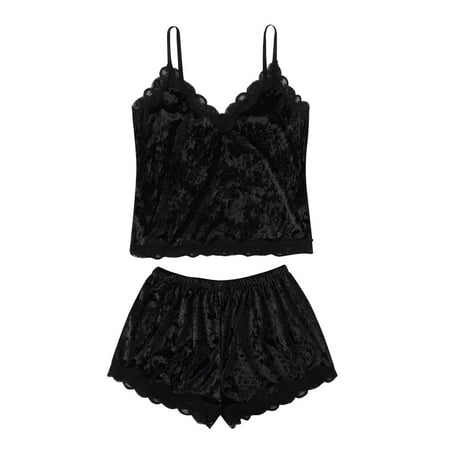 

Qcmgmg 2 Pack Nightgown Velvet Sexy Women Pjs Cami and Shorts Set Sleepwear Strap Pajamas Set