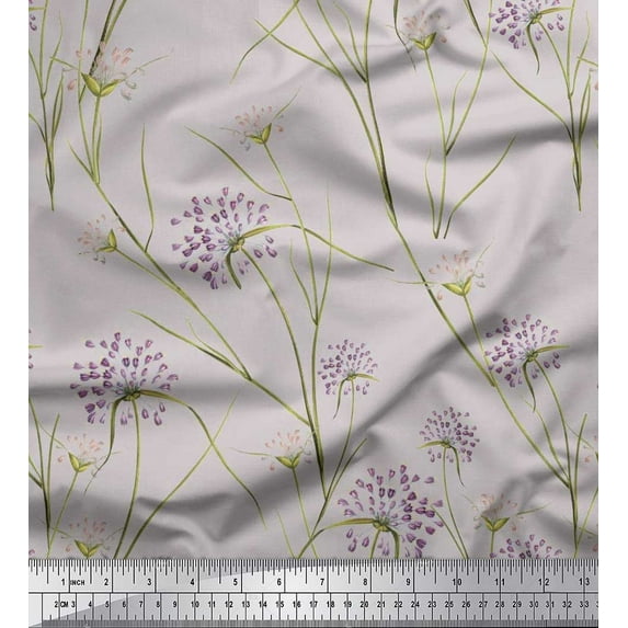 Soimoi Grey polyester Crepe Fabric Grass & Wildflower Floral Decor Fabric Printed Yard 52 Inch Wide
