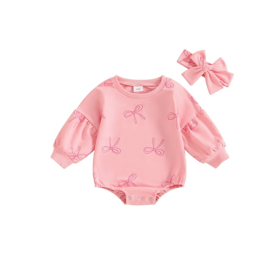 Suealasg Baby Girl Fall One Piece Clothes 3 6 12 18 Months Infant Girl Long Sleeve Bow Print Romper Bodysuit Headband Newborn Girl Autumn Playsuit